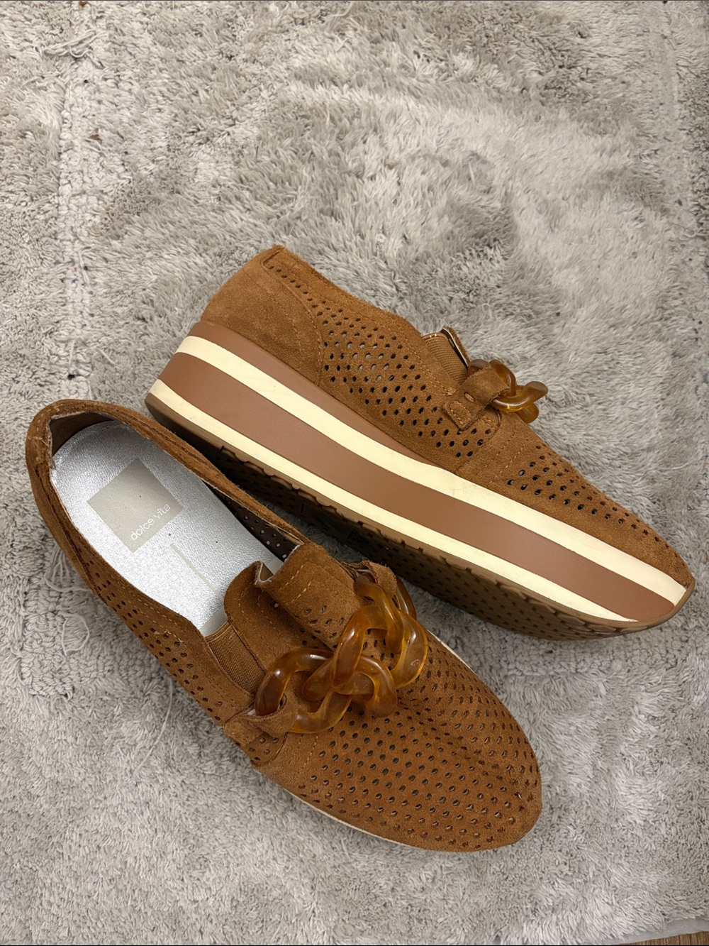 Dolce Vita Cognac Suede Perforated Platform Loafers with Tortoiseshell Chain